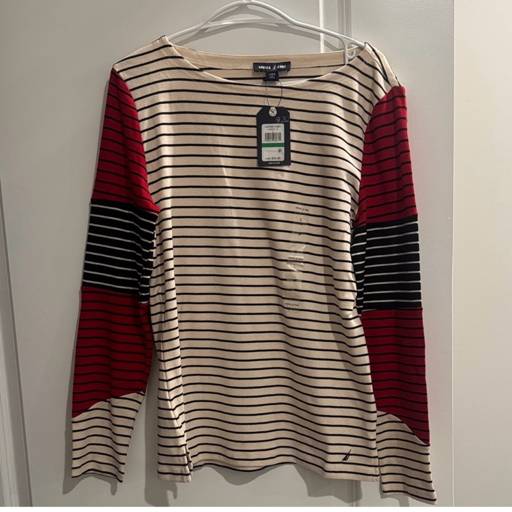 Nautica Striped Colorblock Long Sleeve Top NWT Red Navy L - Picture 2 of 5